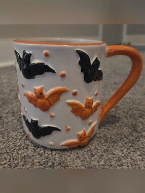 Beautiful Black & Orange Puffed Bats Halloween Mug Cobwebs & Cauldrons